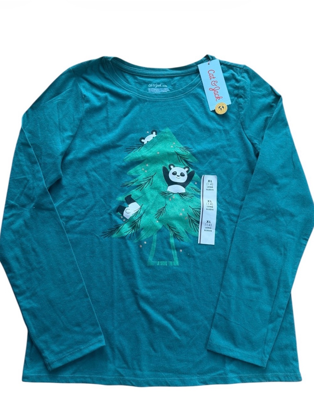 NWT Cat & Jack Girls XL 14 Long Sleeve Shirt Christmas Tree Panda Graphic Tee⁠